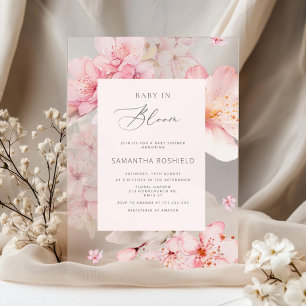 Invitations En Acrylique Bébé en fleur Sakura baby shower fille rose vif