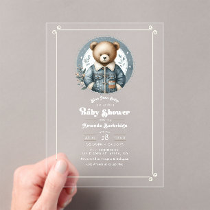 Invitations En Acrylique Bébé en Jean Bleu Ours en Denim Cadeau de Naissanc