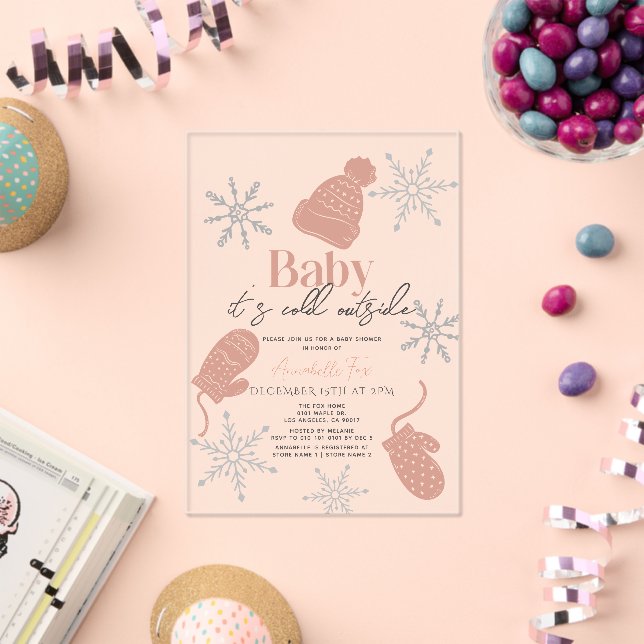 Invitations En Acrylique Bébé Il fait froid dehors Baby shower rose Beanie (Insitu (Célébration))