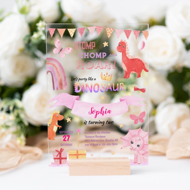 Invitations En Acrylique Bébé mignon fille rose Dino Dinosaur Anniversaire  (Créateur téléchargé)