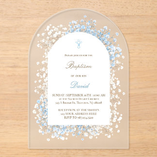 Invitations En Acrylique Bébé Respiration blanc bleu bébé garçon Baptême