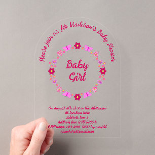 Invitations En Acrylique Bébé rose Baby shower papillons et fleurs