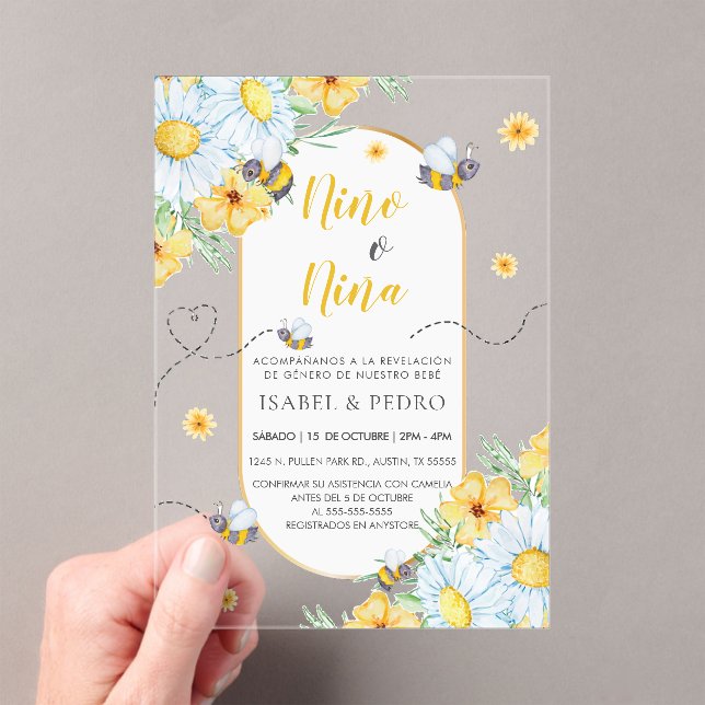 Invitations En Acrylique Bees & Fleurs blanches Révélation de genre espagno (In situ (ordinateur de poche))