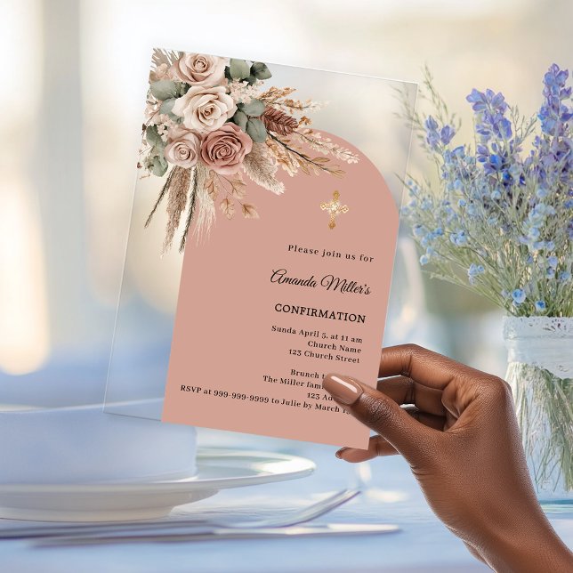Invitations En Acrylique Beige taupe roses pampas arch clear Confirmation (Créateur téléchargé)