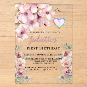 Invitations En Acrylique Belle Aquarelle rose Fleurs Premier Anniversaire