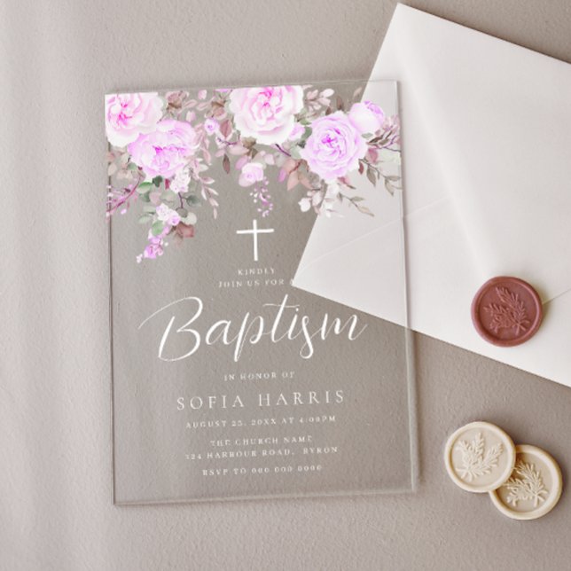 Invitations En Acrylique Belle Lavande Violet Violet Bébé Fille Baptême (Créateur téléchargé)