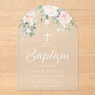 Invitations En Acrylique Belles Fleurs Blush Bébé Filles Baptême