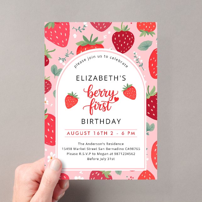 Invitations En Acrylique Berry First Cute 1er Anniversaire Fille aux fraise (In situ (ordinateur de poche))