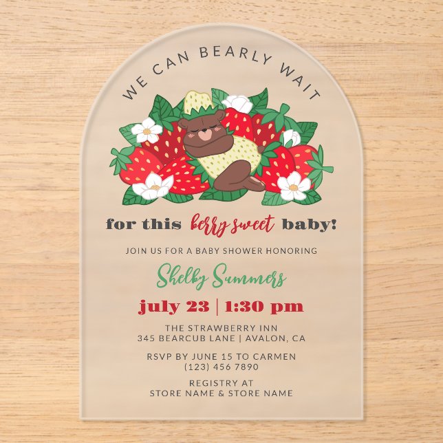 Invitations En Acrylique Berry Sweet Baby Baby shower de fraise neutre (Recto)