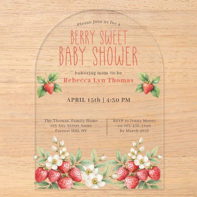 Invitations En Acrylique Berry Sweet Baby shower fraises (Recto)