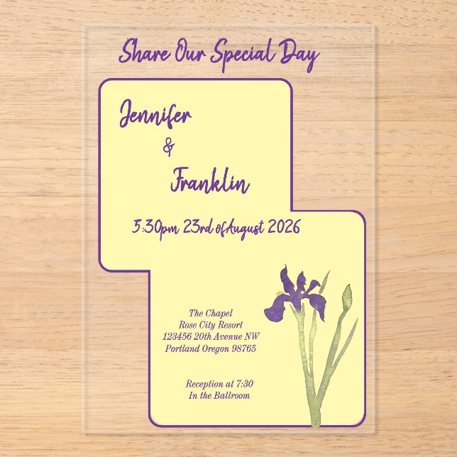 Invitations En Acrylique Beurre Jaune & Purple Iris Mariage d'aquarelle (Recto)