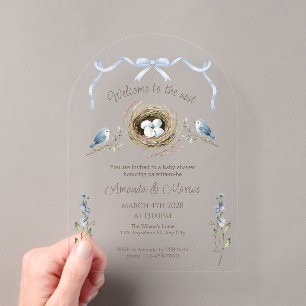 Invitations En Acrylique Bienvenue à la douche de bébé Ruban Bleu du Nid