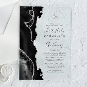Invitations En Acrylique Black Agate Argent Première Communion sainte