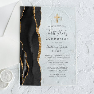 Invitations En Acrylique Black Agate Gold Parties scintillant première sain