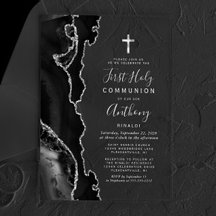 Invitations En Acrylique Black Agate Silver Grey Texte Première Sainte Comm