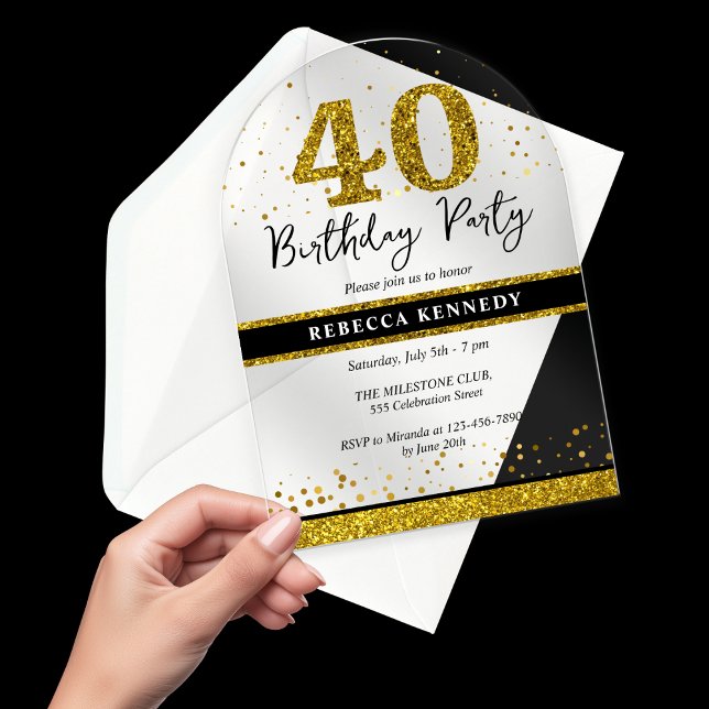 Invitations En Acrylique Black And Gold Parties scintillant 40e fête d'anni (Black And Gold Glitter 40th Birthday Party Acrylic Invitations
)