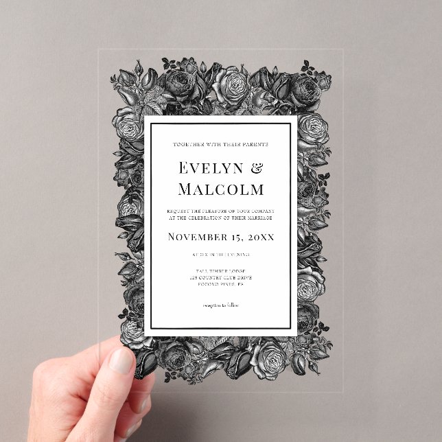 Invitations En Acrylique Black and White Roses Gothic Wedding (In situ (ordinateur de poche))