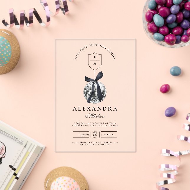 Invitations En Acrylique Black Bow Disco Ball Party (Insitu (Célébration))