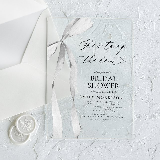 Invitations En Acrylique Black Bow She's Tying the Knot Fête des mariées (Créateur téléchargé)