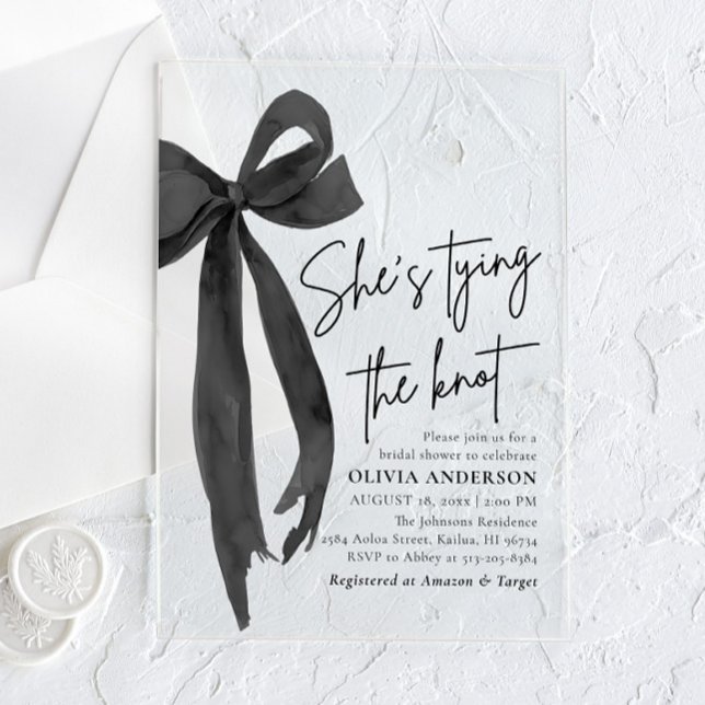 Invitations En Acrylique Black Bow She's Tying the Knot Fête des mariées (Créateur téléchargé)