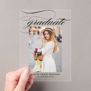 Invitations En Acrylique Black Elegant Calligraphie Photo Graduation