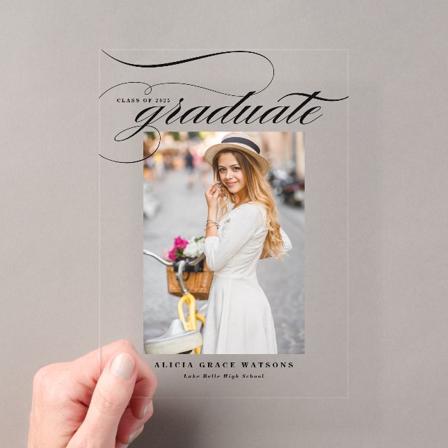 Invitations En Acrylique Black Elegant Calligraphie Photo Graduation (In situ (ordinateur de poche))