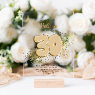 Invitations En Acrylique Black Gold 30th Balloons Confetti Anniversaire adu