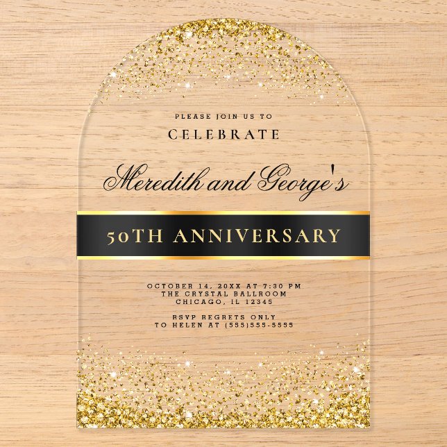 Invitations En Acrylique Black Gold 50e Anniversaire du Mariage d'or (Recto)