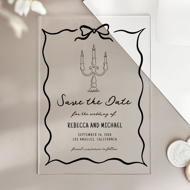 Invitations En Acrylique Black Hand Drawn Bow Wedding Save the Date (Créateur téléchargé)