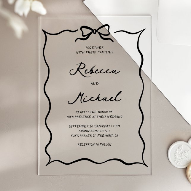 Invitations En Acrylique Black Hand Drawn Coquette Bow Wedding (Créateur téléchargé)