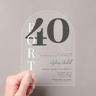 Invitations En Acrylique Black QUARANTE 40ème anniversaire minimaliste