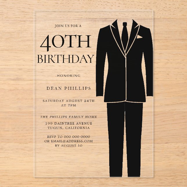 Invitations En Acrylique Black Suit & Cravate Mens 40e fête d'anniversaire (Recto)