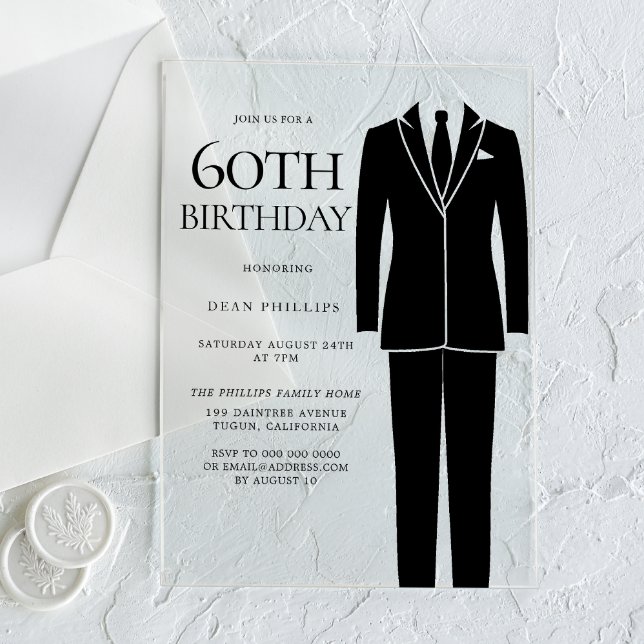 Invitations En Acrylique Black Suit & Cravate Mens 60e fête d'anniversaire (Créateur téléchargé)