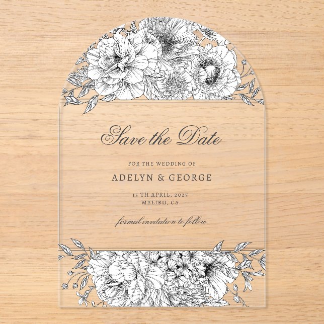Invitations En Acrylique Black White Elegant Floral Enregistrer la date (Recto)