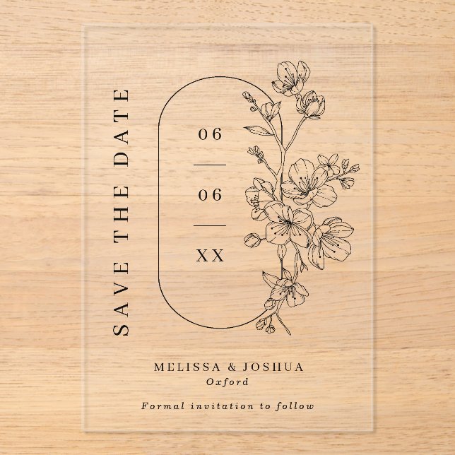 Invitations En Acrylique Black & White Floral Photo Wedding Save the Date (Recto)