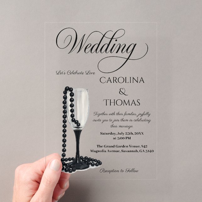 Invitations En Acrylique Black & White Pearl Champagne Glass Wedding (In situ (ordinateur de poche))