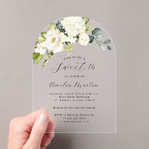 Invitations En Acrylique Blanc élégant ivoire floral arche Sweet Sixteen