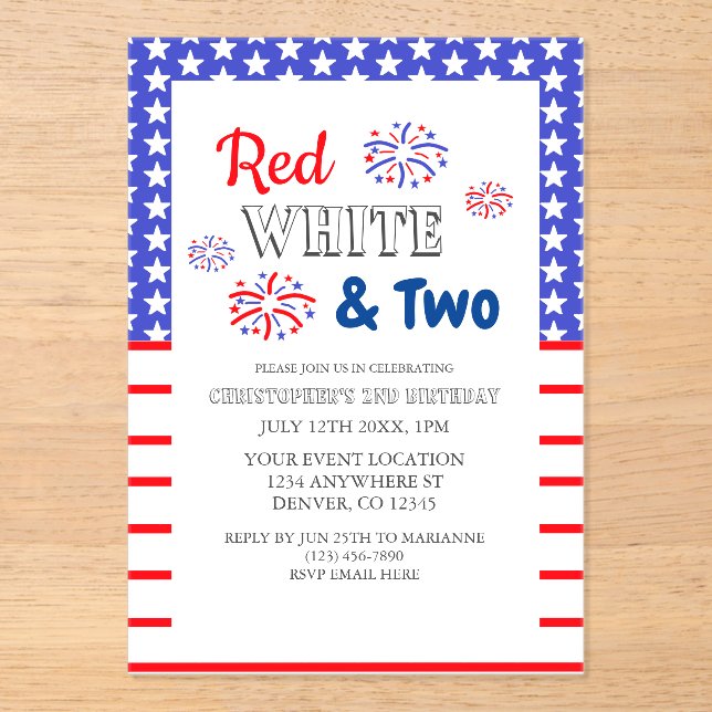 Invitations En Acrylique Blanc rouge et deux 2e anniversaire (Recto)