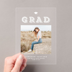 Invitations En Acrylique Blancs Retro Typographie Photo Graduation