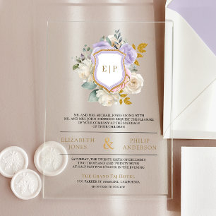 Invitations En Acrylique Blason de monogramme floral violet pastel de maria