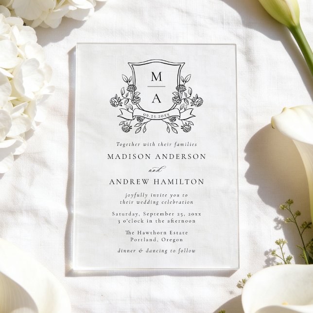 Invitations En Acrylique Blason Floral Élégant Monogramme de Mariage (Créateur téléchargé)