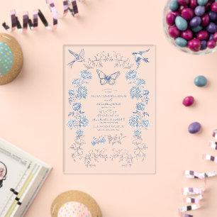 Invitations En Acrylique Bleu Blanc Chinoiserie Floral Porcelaine Mariage
