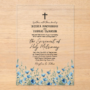 Invitations En Acrylique Bleu Boho Fleur sauvage Moderne Mariage catholique