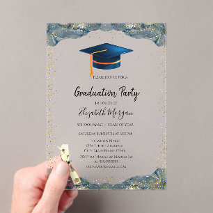 Invitations En Acrylique Bleu Casquette, Vin Verre Confetti Graduation