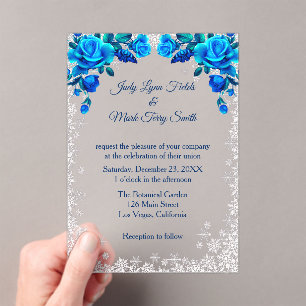 Invitations En Acrylique Bleu clair Roses Flocon de neige Noël