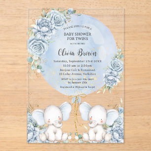 Invitations En Acrylique Bleu doux Floral Cute Elephants Jumeaux Baby showe