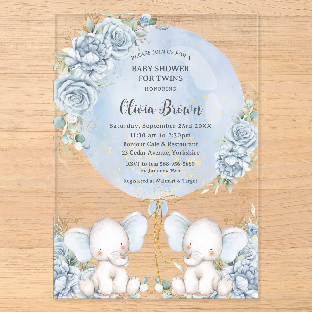Invitations En Acrylique Bleu doux Floral Cute Elephants Jumeaux Baby showe (Recto)