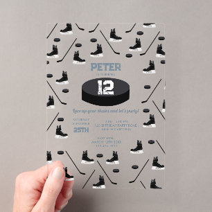 Invitations En Acrylique Bleu Dusty Bâton de hockey sur glace, Patins Puck 