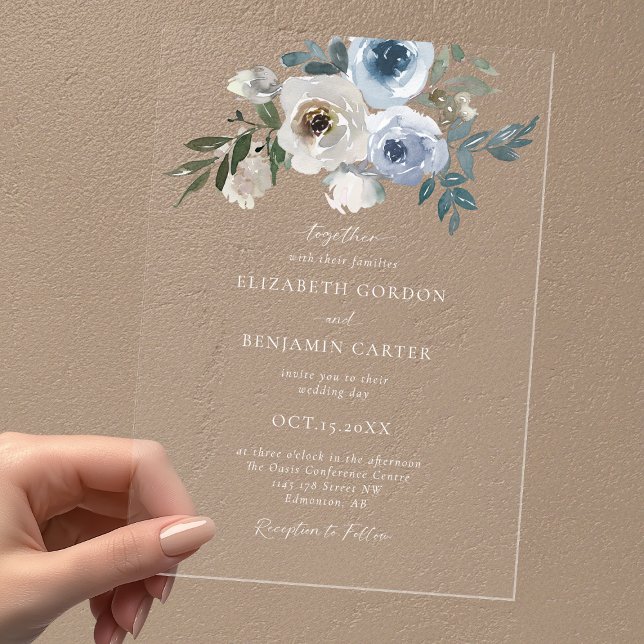 Invitations En Acrylique Bleu Dusty Mariage Floral Élégant Script Rustique (Créateur téléchargé)