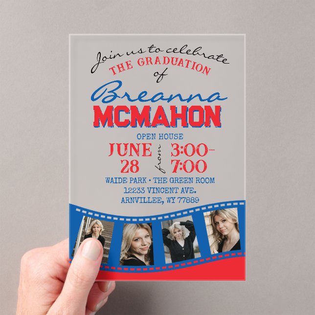 Invitations En Acrylique Bleu et Rouge - Bande de film de graduation photo  (In situ (ordinateur de poche))
